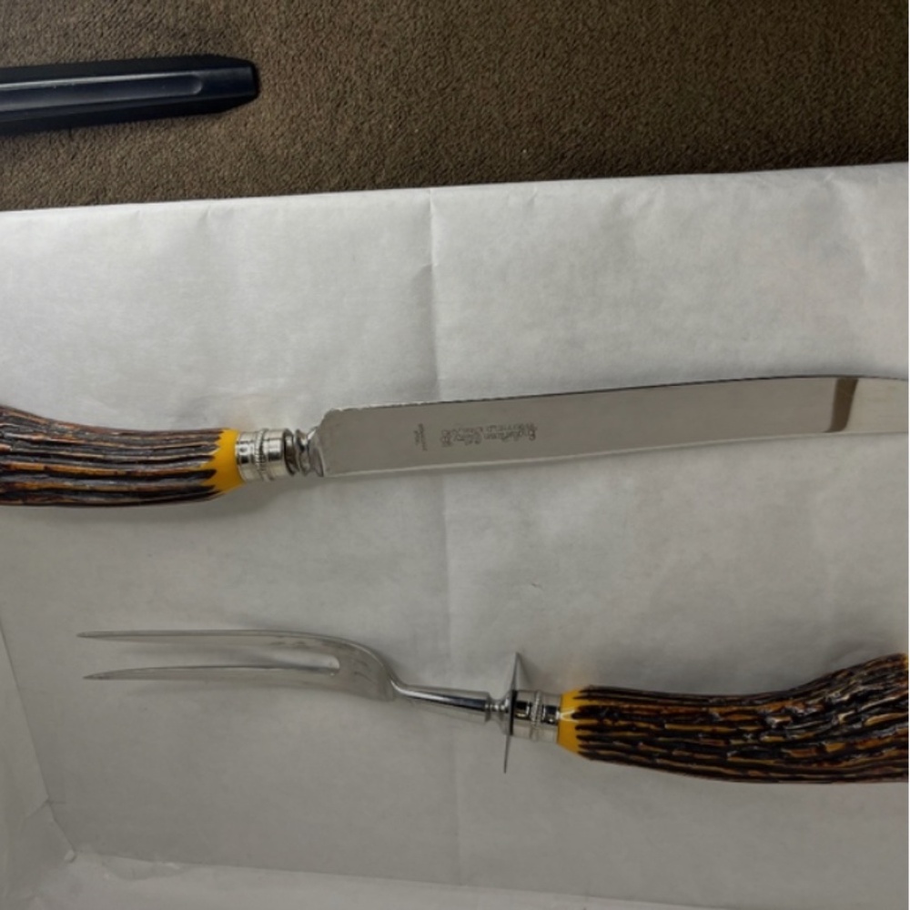 Vtg Englishtown Cutlery Sheffield England 2 Piece Carving Set Bakelite Antler